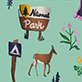 View Women's Hiking Trail Polyknit Pajama Shorts - Illustrated deer beside a signpost, with flowers and the words "National Park" on a green background