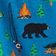 View Women's Retro Camping Pajama Shorts - Black bear silhouette with campfire, pine trees, and foxes on a blue background