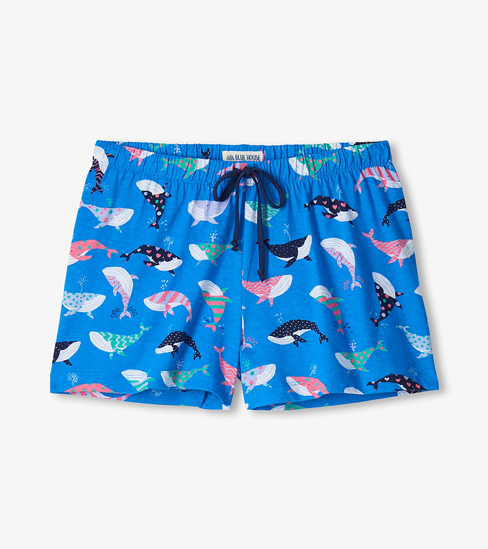 Women's blue whale-print boxers laid flat with elastic waistband and navy drawstring