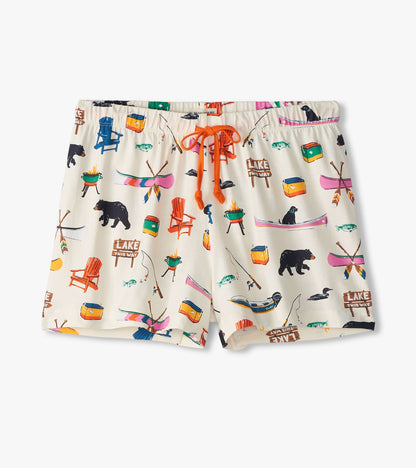 Cream cotton sleep shorts featuring a colorful lake-themed print with bears, canoes, and fishing gear.