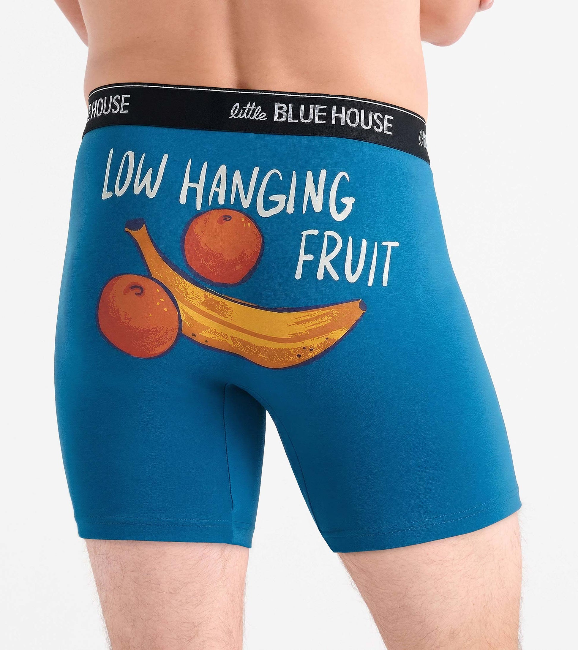 Blue boxer briefs with a black waistband and fruit graphic reading “Low Hanging Fruit”
