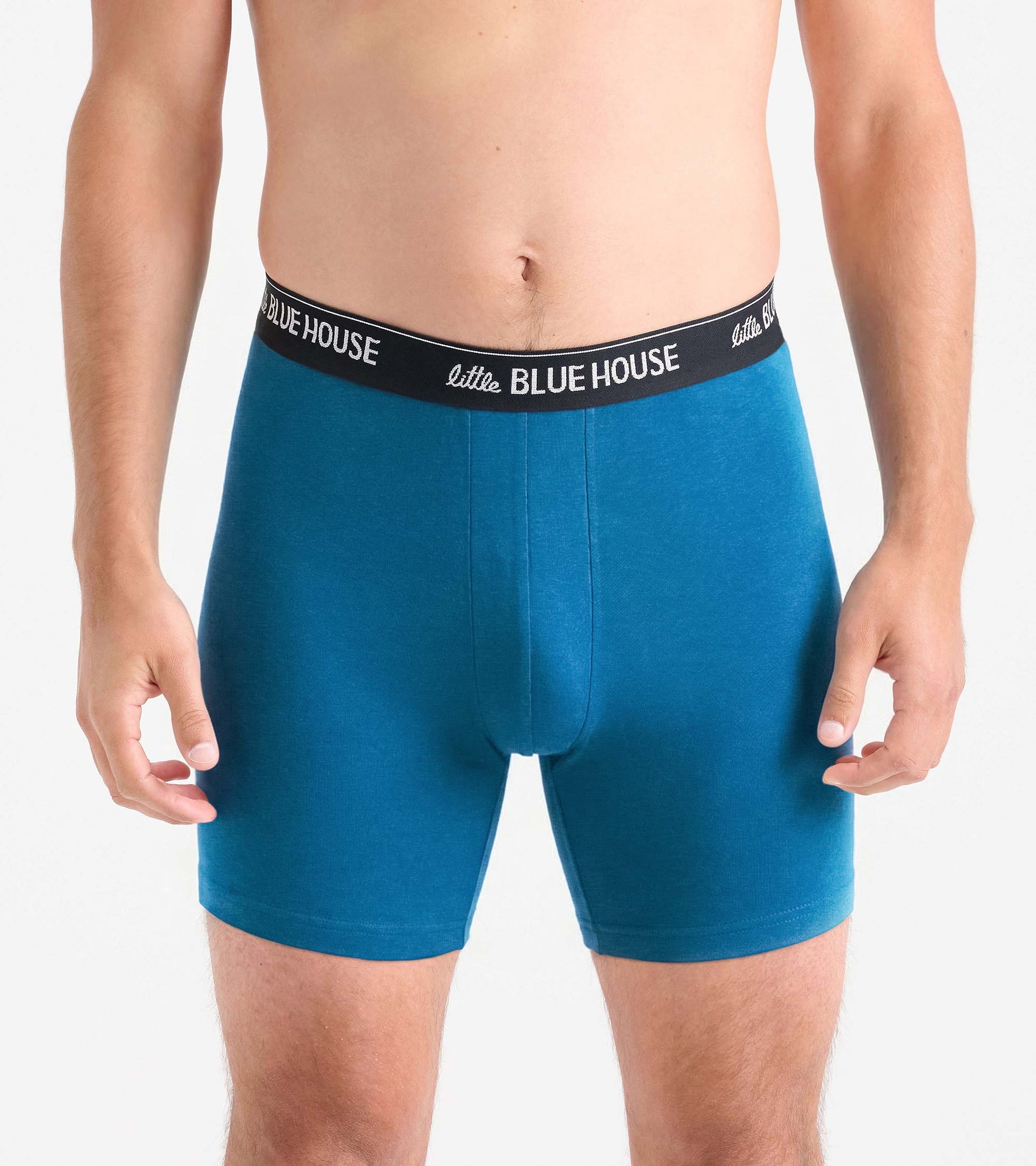 Blue men’s boxer briefs with black logo waistband, front view on model