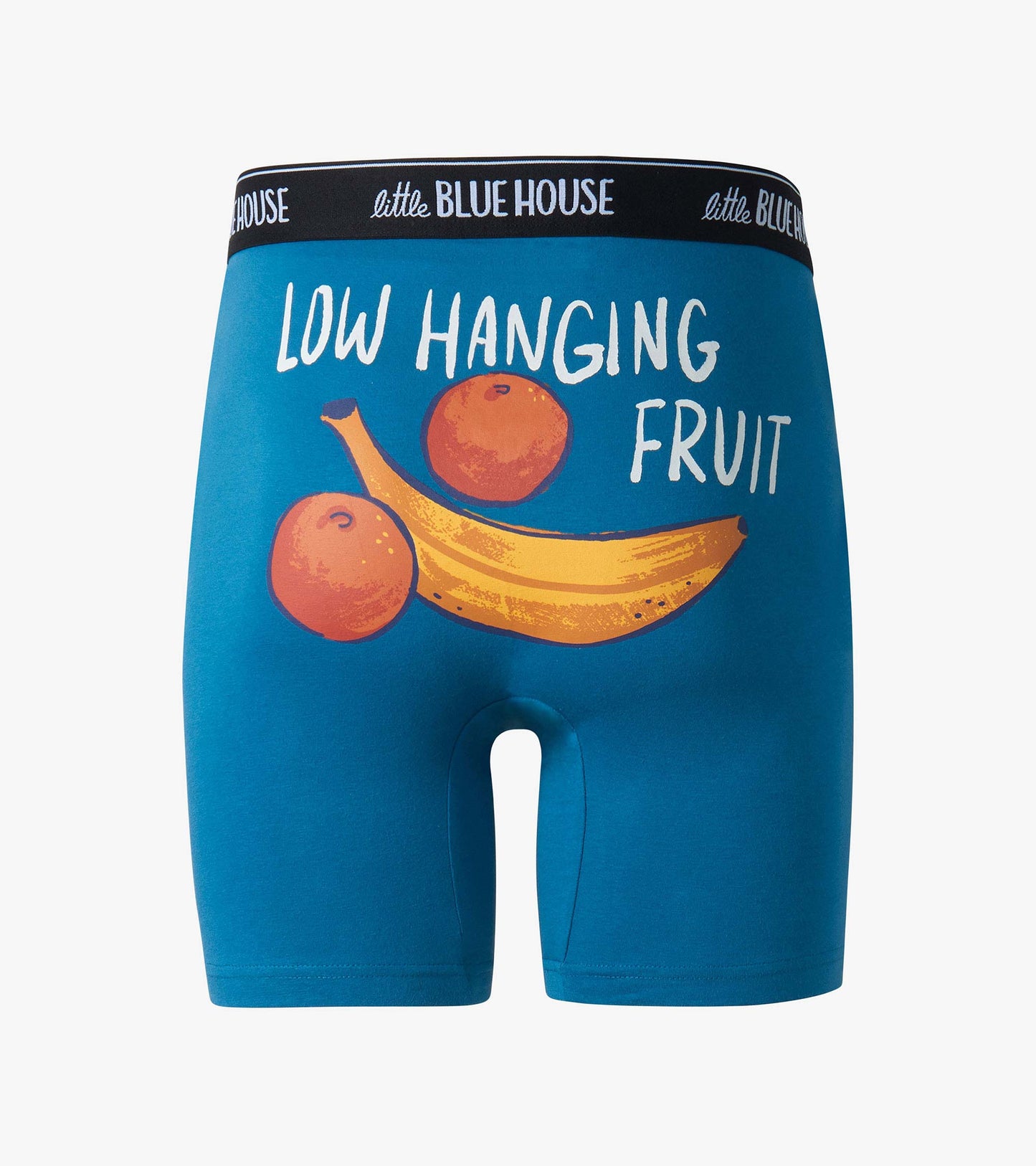 Blue boxer briefs with banana and peach print and "Low Hanging Fruit" text, front view