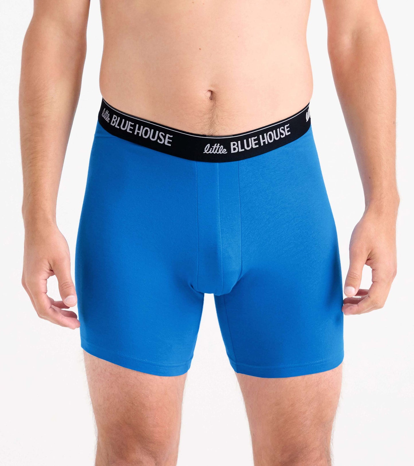 Blue men's boxer briefs with black logo waistband, front view on model