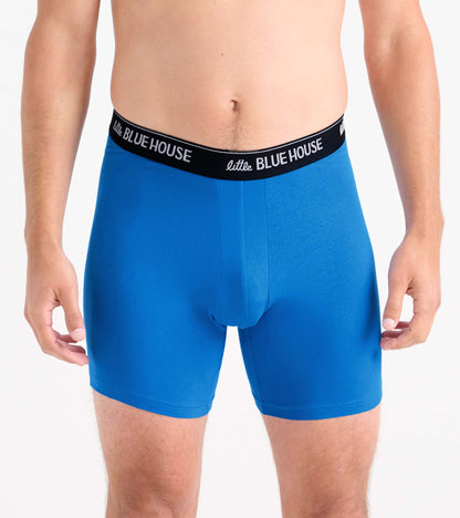 Blue men's boxer briefs with black logo waistband, front view on model