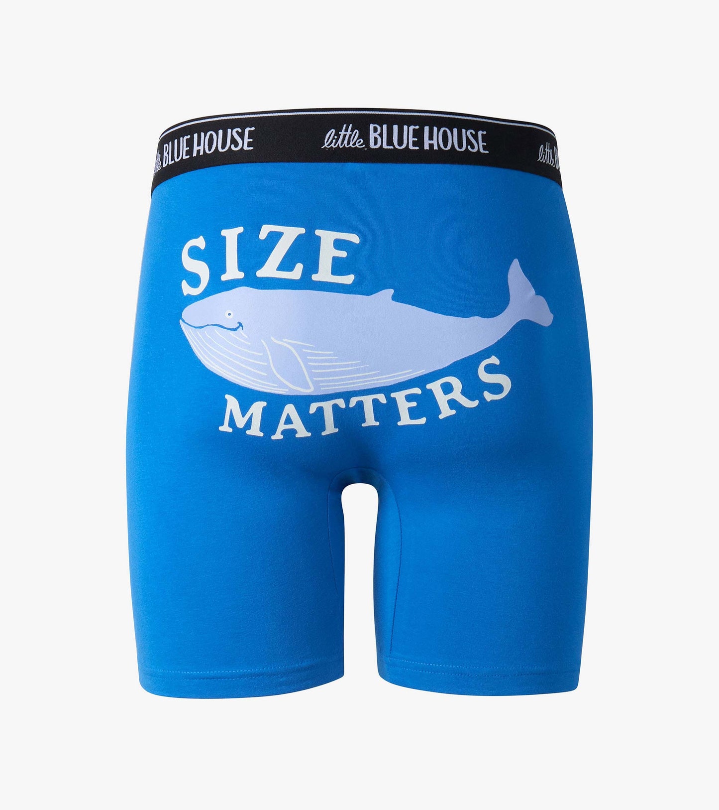 Blue boxer briefs with whale graphic and “Size Matters” text, front view, black waistband