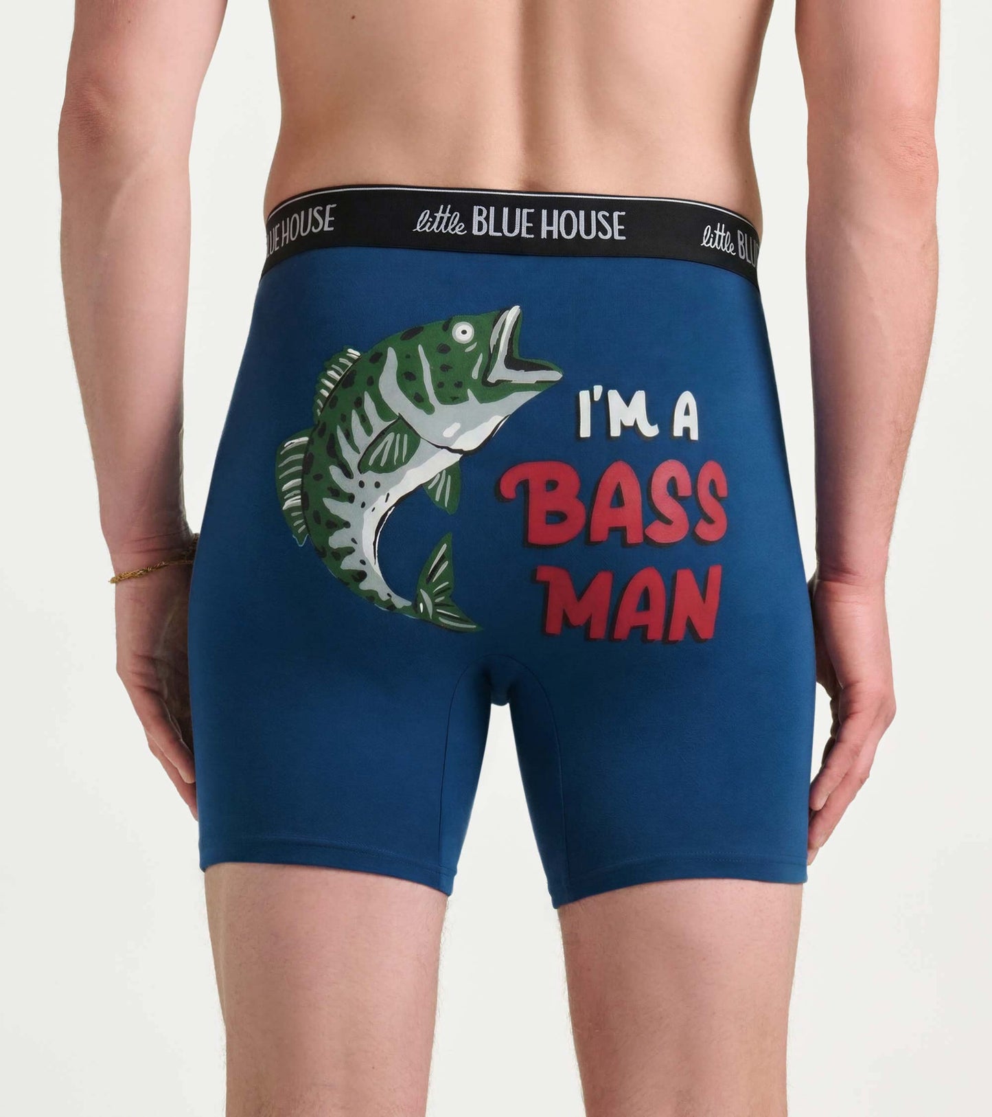 Blue boxer briefs with black logo waistband and fish graphic reading “I’m a Bass Man” on back.