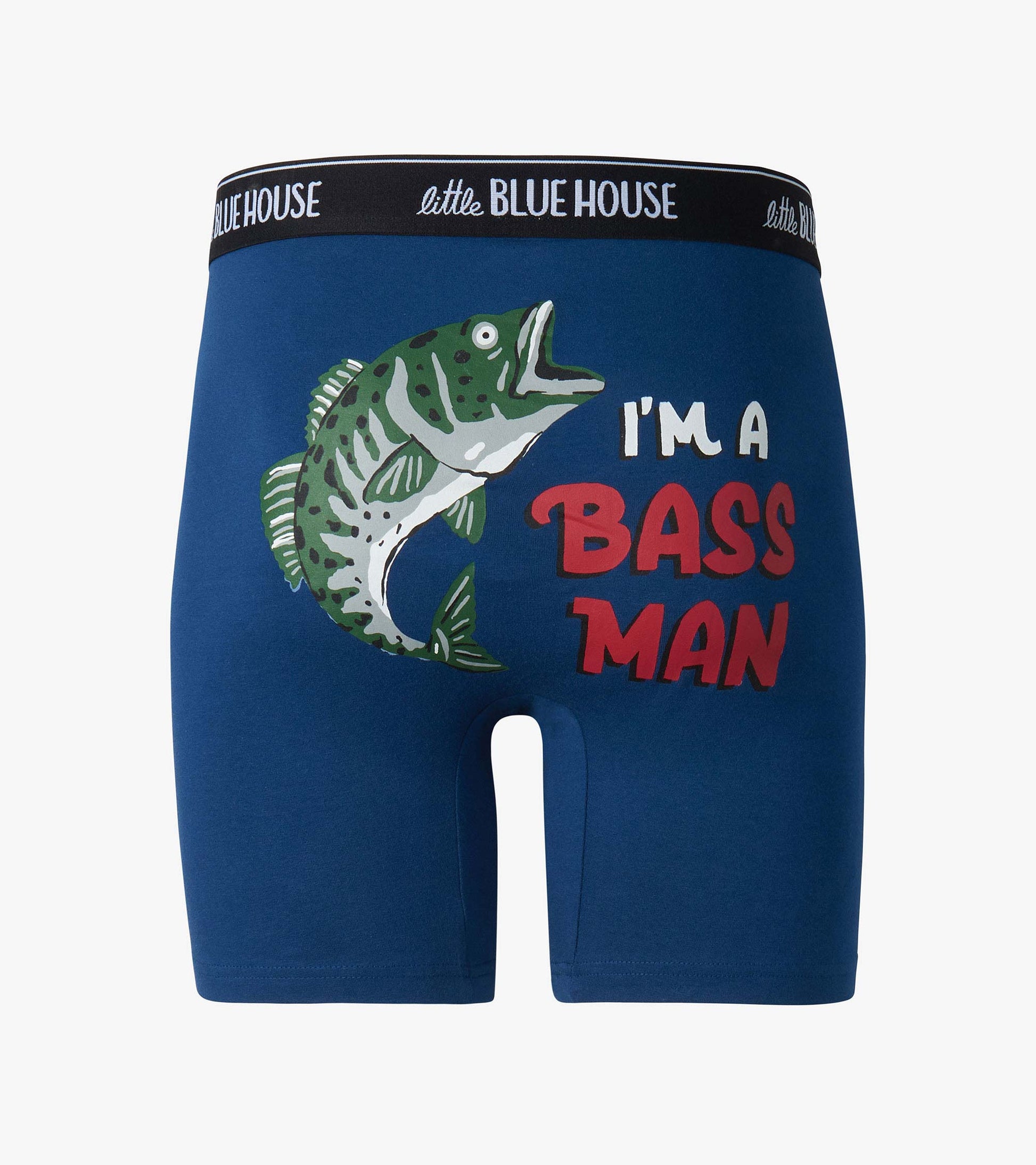 Blue boxer briefs with fish graphic and “I’M A BASS MAN” text on the front, black logo waistband.