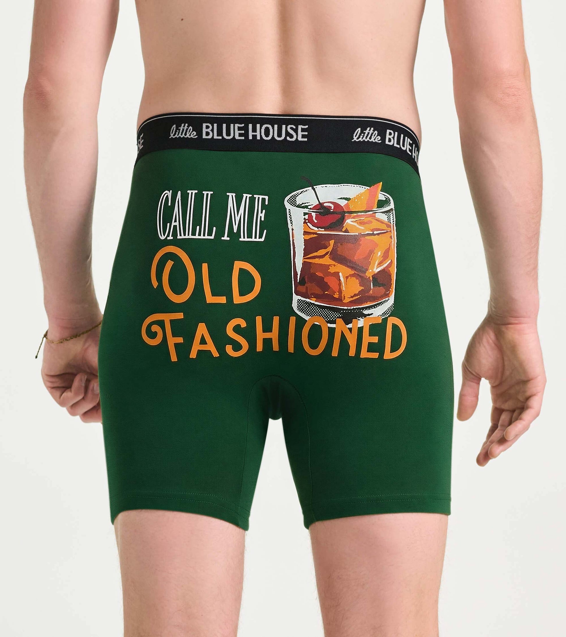 Green boxer briefs with black waistband and “Call Me Old Fashioned” cocktail graphic on back