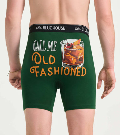 Green boxer briefs with black waistband and “Call Me Old Fashioned” cocktail graphic on back