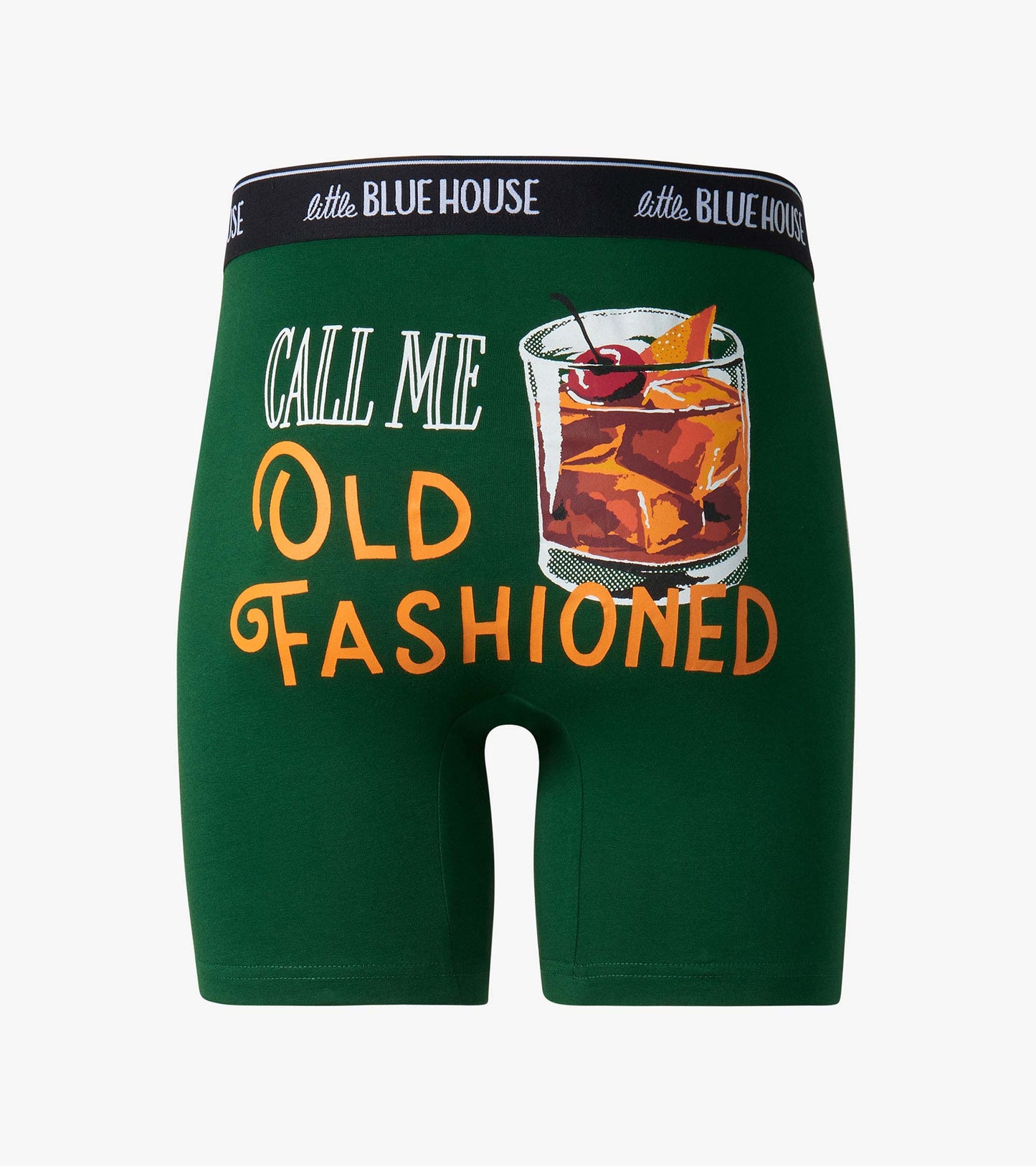 Green boxer briefs with black waistband and “Call Me Old Fashioned” cocktail graphic and text on front