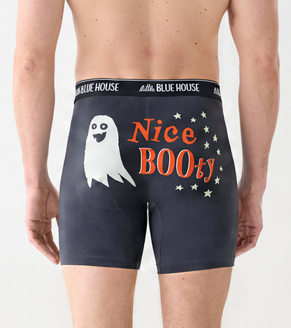 Back view of slate blue boxer briefs with ghost graphic, Nice BOOty text, and Little Blue House waistband