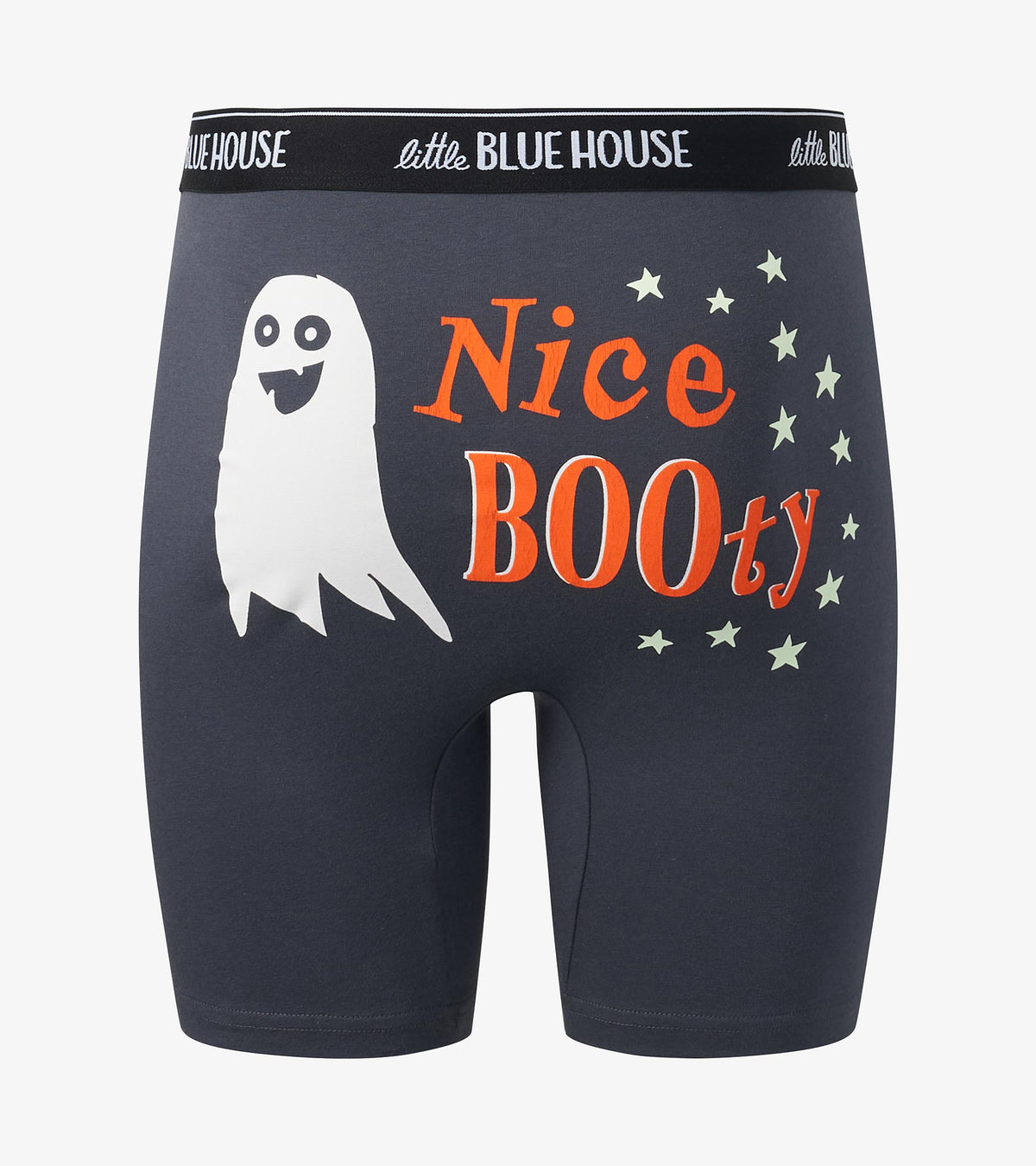Close-up of slate blue boxer briefs with ghost, Nice BOOty graphic, and Little Blue House waistband