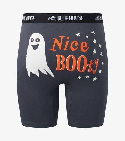 Close-up of slate blue boxer briefs with ghost, Nice BOOty graphic, and Little Blue House waistband