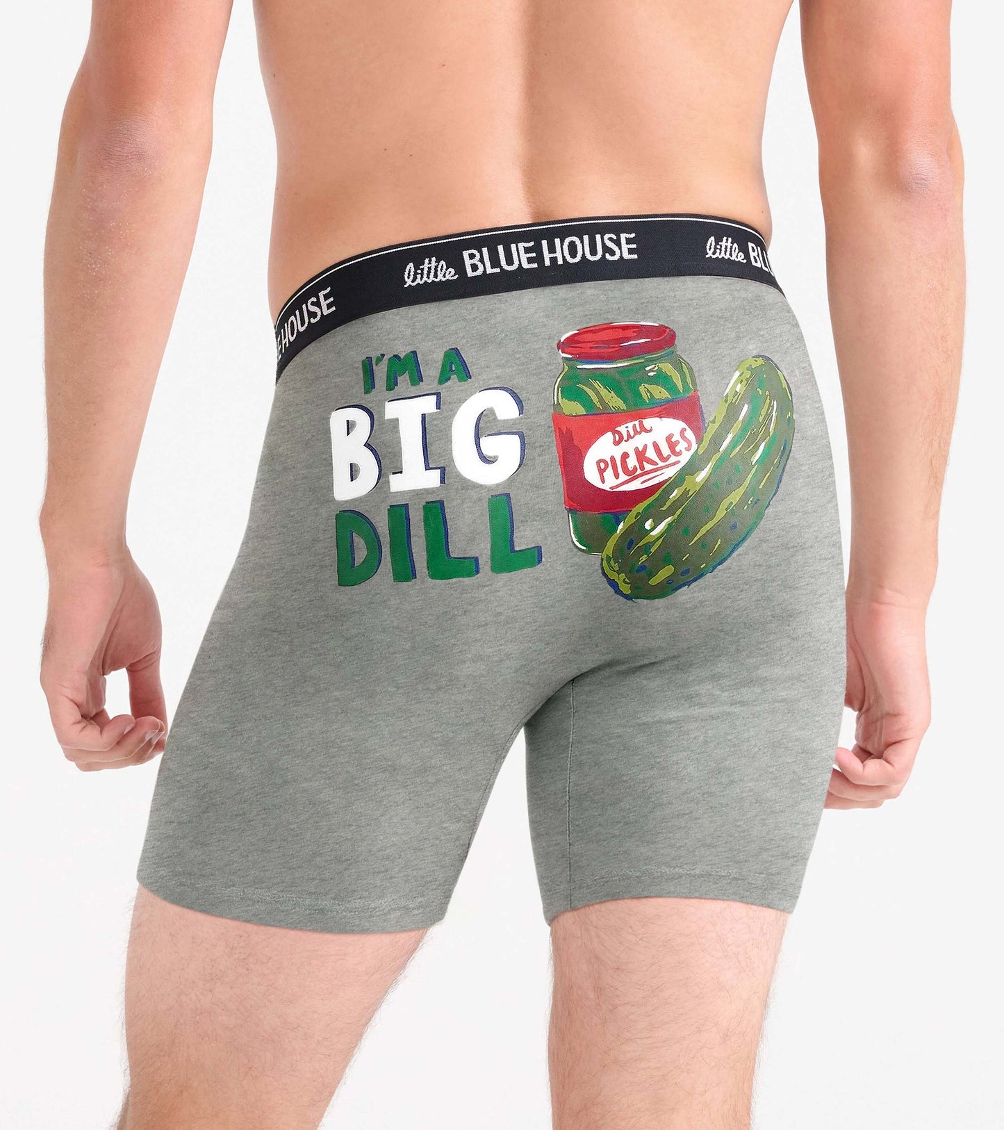 Gray boxer briefs with black waistband and a “I’M A BIG DILL” pickle graphic on the back