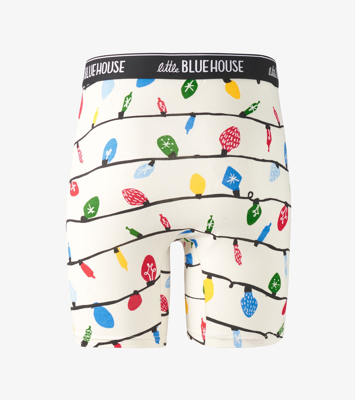 Men's boxer briefs featuring a festive pattern of colorful Christmas lights on a cream background.