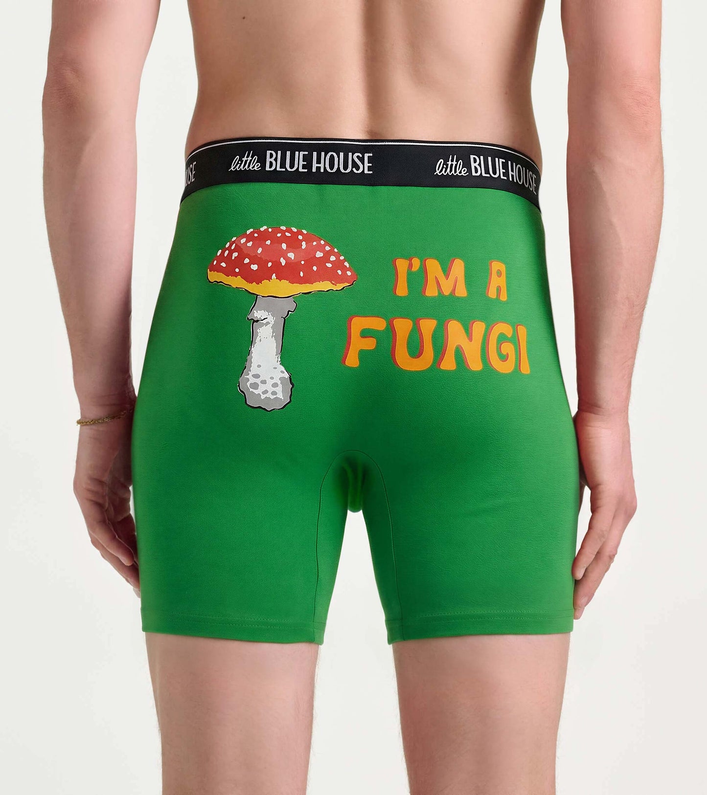 Green boxer briefs with mushroom graphic and “I’M A FUNGI” text, back view