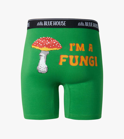 Green boxer briefs with mushroom graphic and “I’M A FUNGI” text, front view