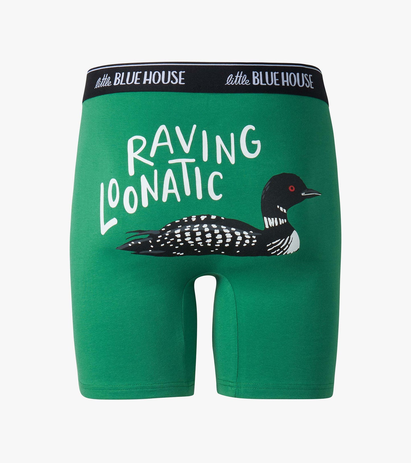 Green boxer briefs with black waistband, loon graphic, and "Raving Loonatic" text, front view
