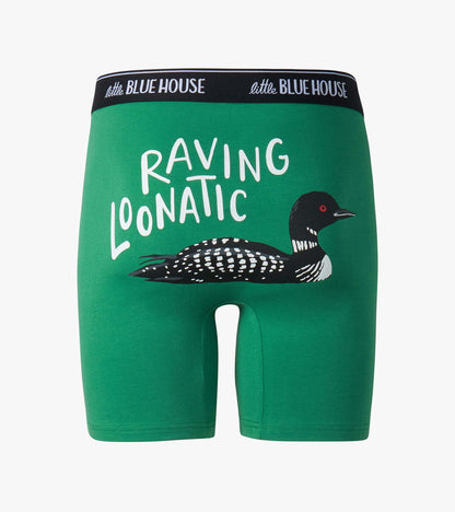 Green boxer briefs with black waistband, loon graphic, and "Raving Loonatic" text, front view