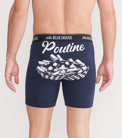 Back view of navy boxer briefs with white poutine graphic and script on the seat, black logo waistband