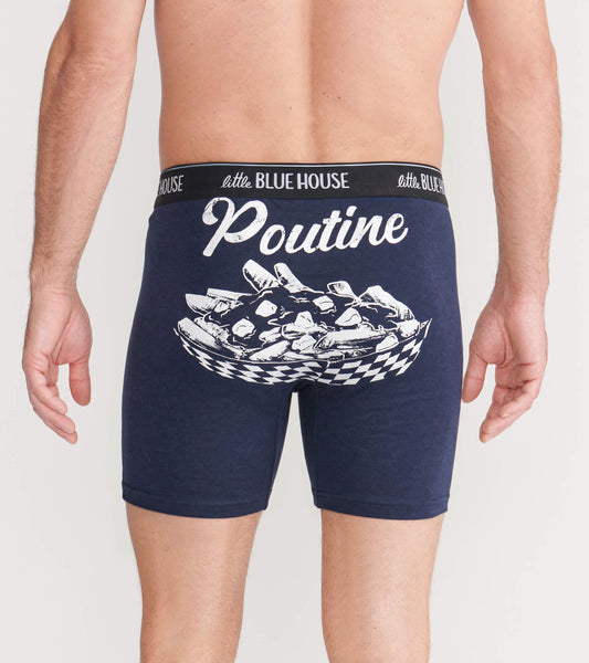 Navy boxer briefs with white poutine graphic and script on front, black logo waistband
