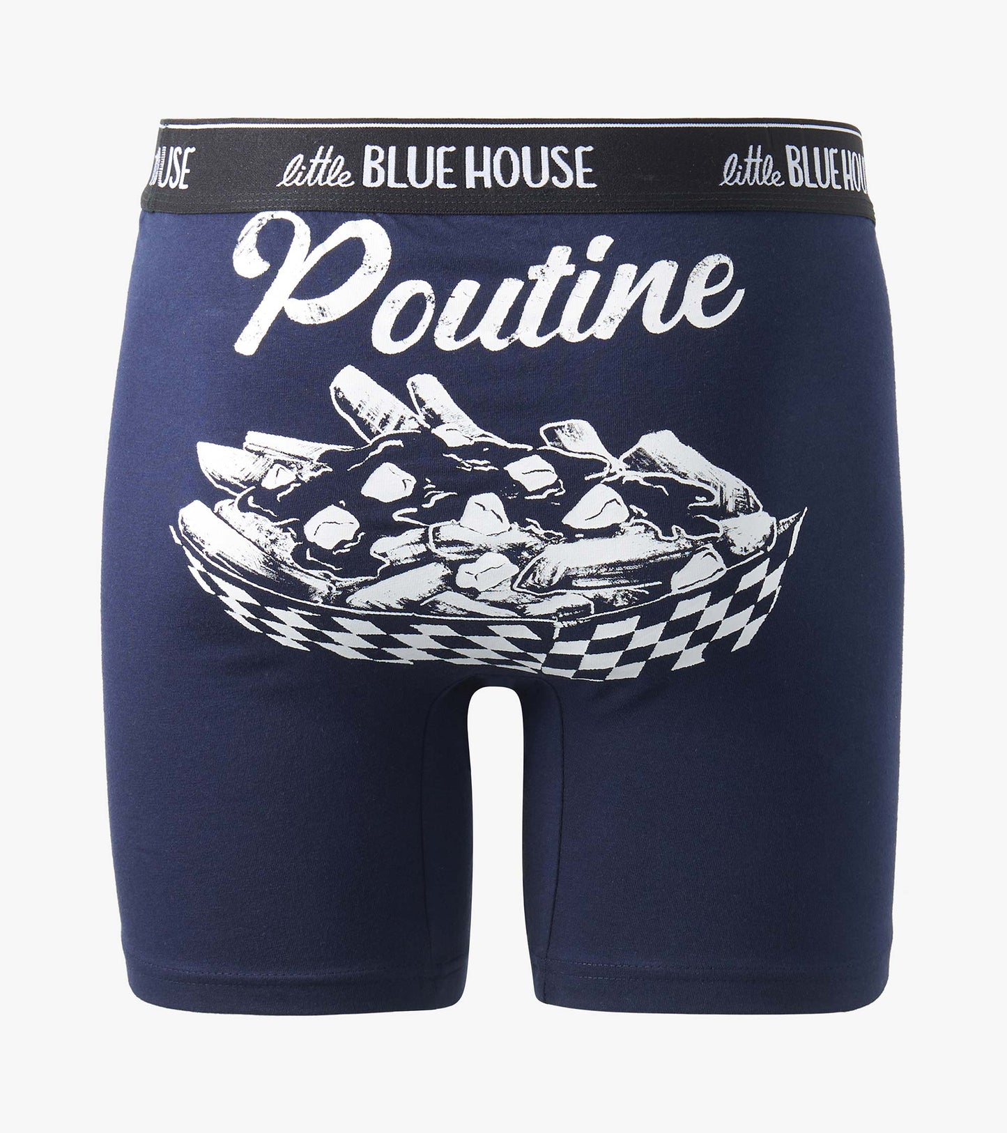 Navy boxer briefs with large white poutine graphic and script, black waistband with white logo text