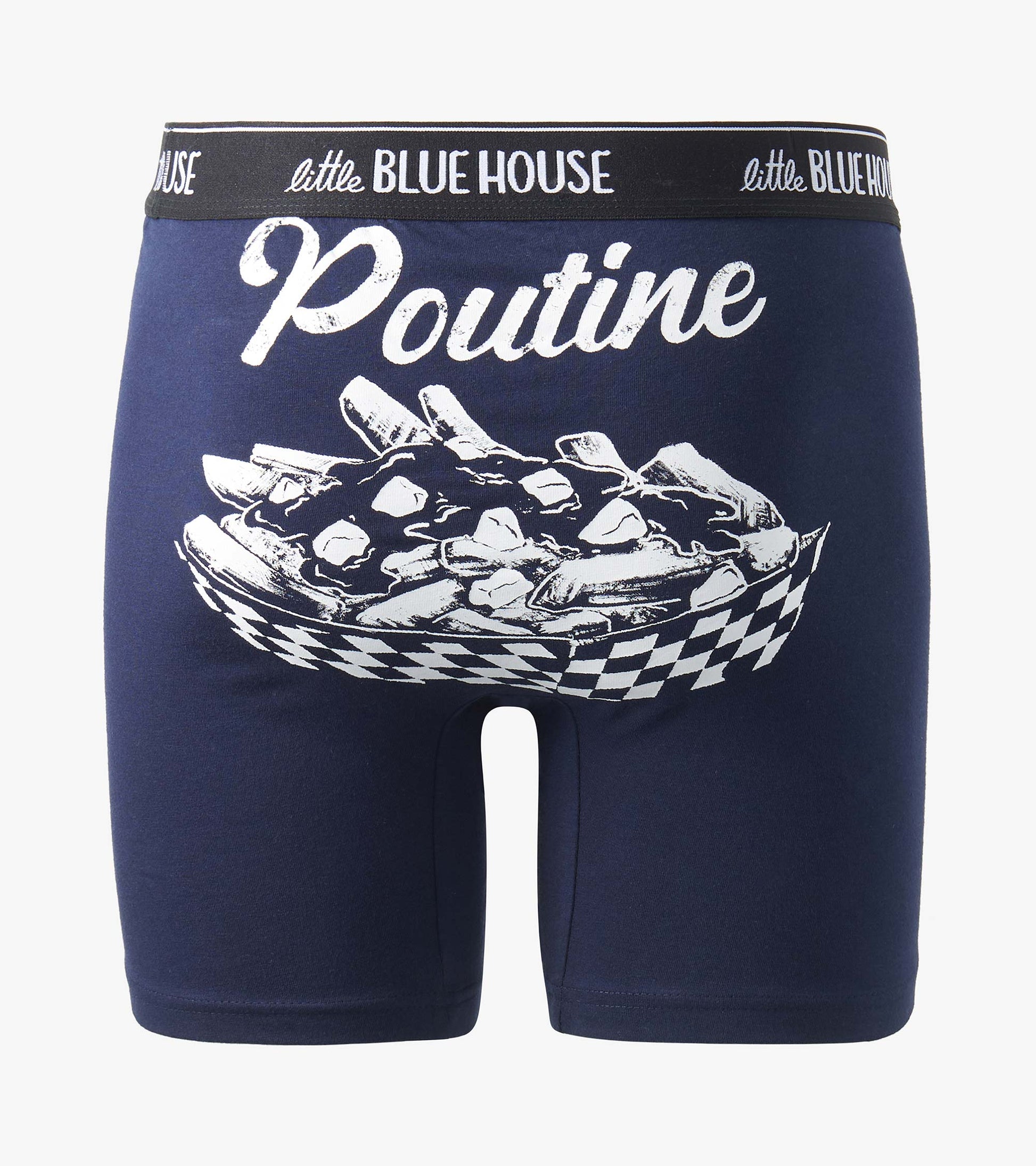 Navy boxer briefs with large white poutine graphic and script, black waistband with white logo text
