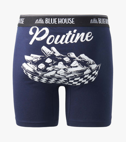 Navy boxer briefs with large white poutine graphic and script, black waistband with white logo text