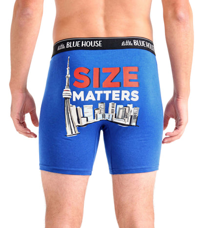 Back view of blue boxer briefs with Toronto skyline, CN Tower, and "SIZE MATTERS" graphic