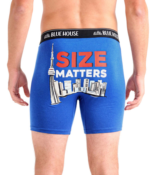 Blue boxer briefs with Toronto skyline graphic, CN Tower, and 'SIZE MATTERS' text on the front