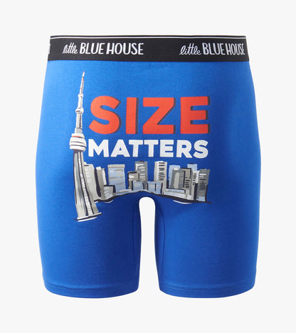 Blue boxer briefs with black logo waistband and Toronto skyline with CN Tower and "SIZE MATTERS" print