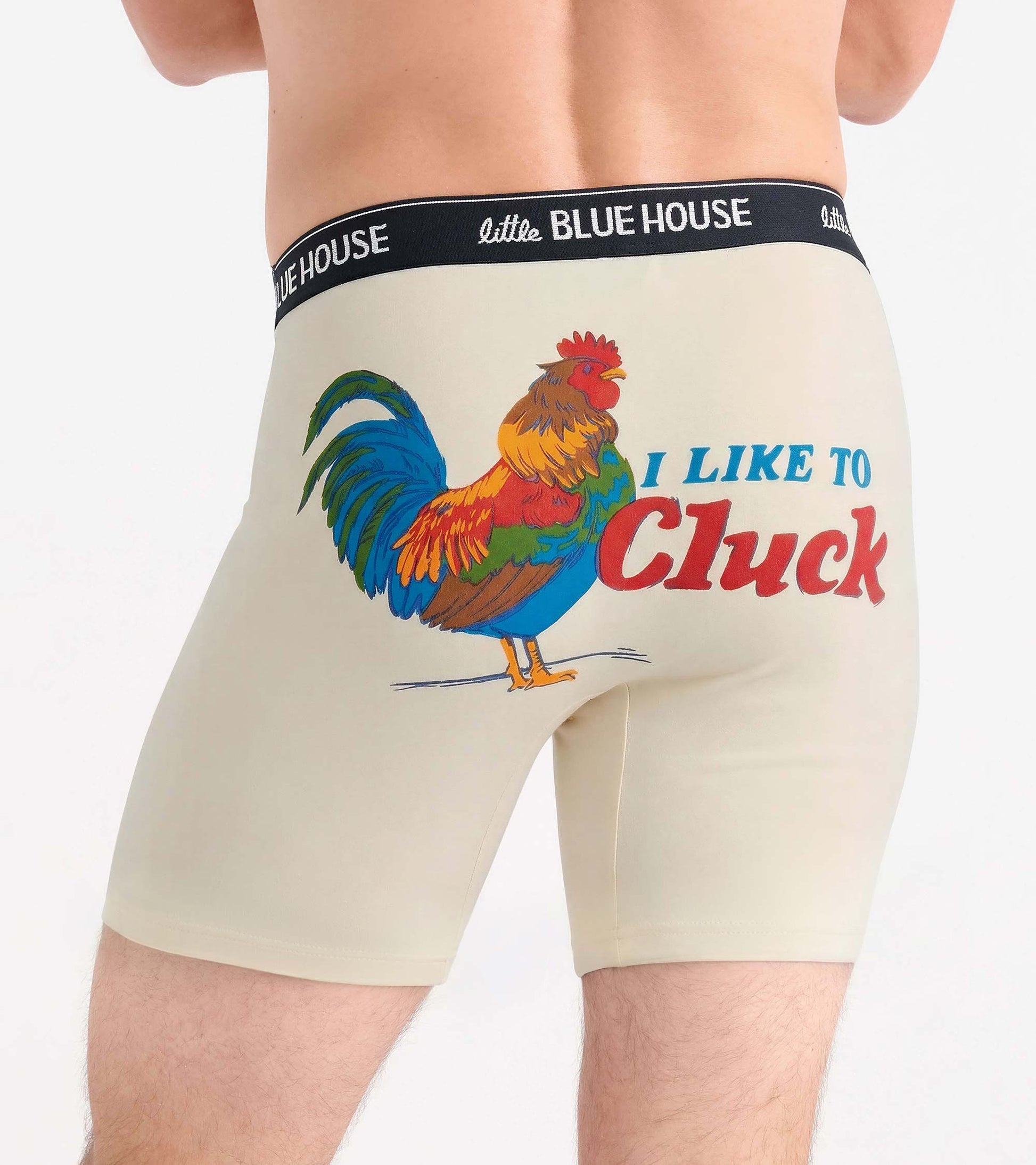 Beige boxer briefs with black waistband and colorful rooster graphic with “I Like to Cluck” text, back view