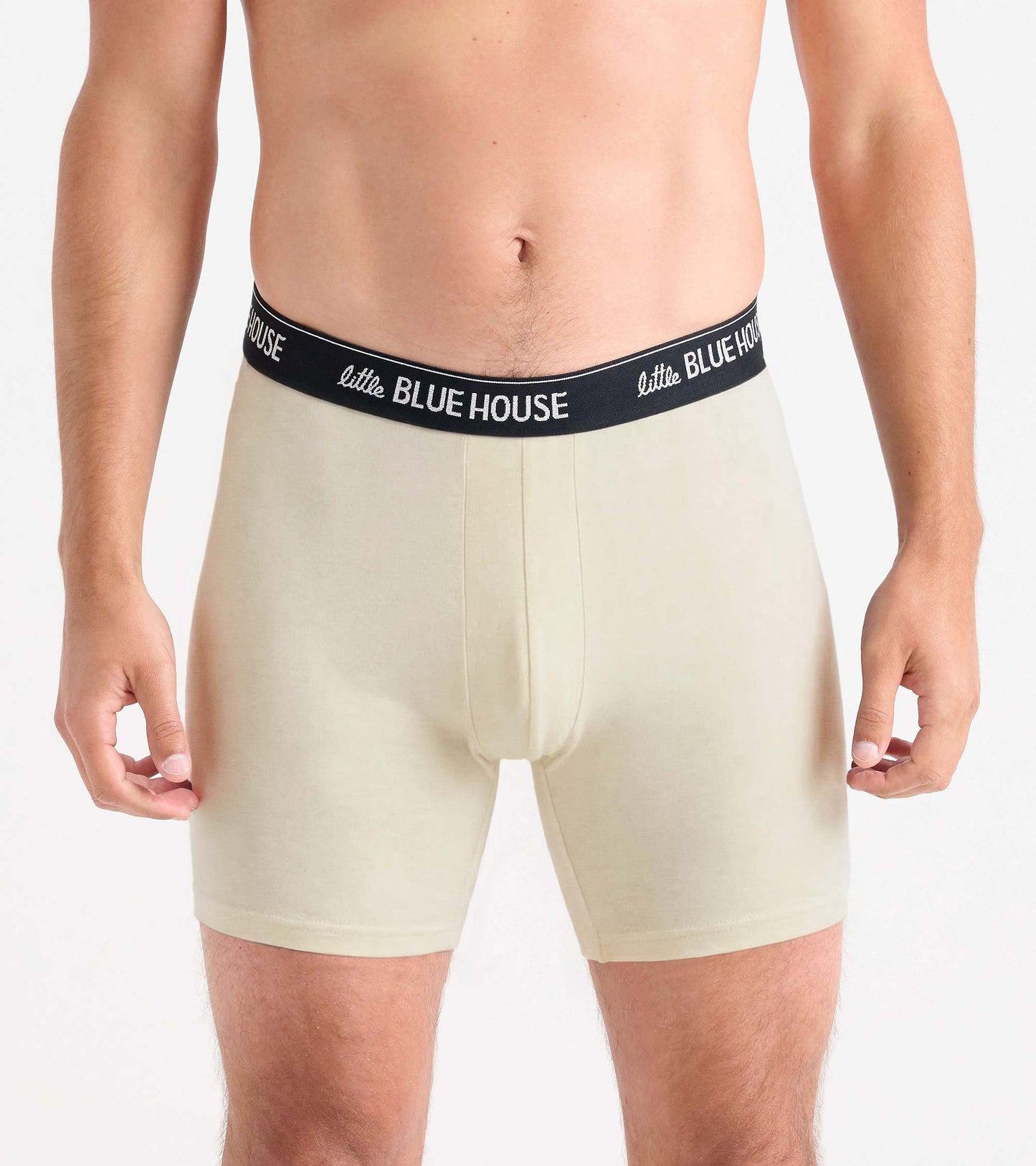 Men’s beige boxer briefs with black logo waistband, front view