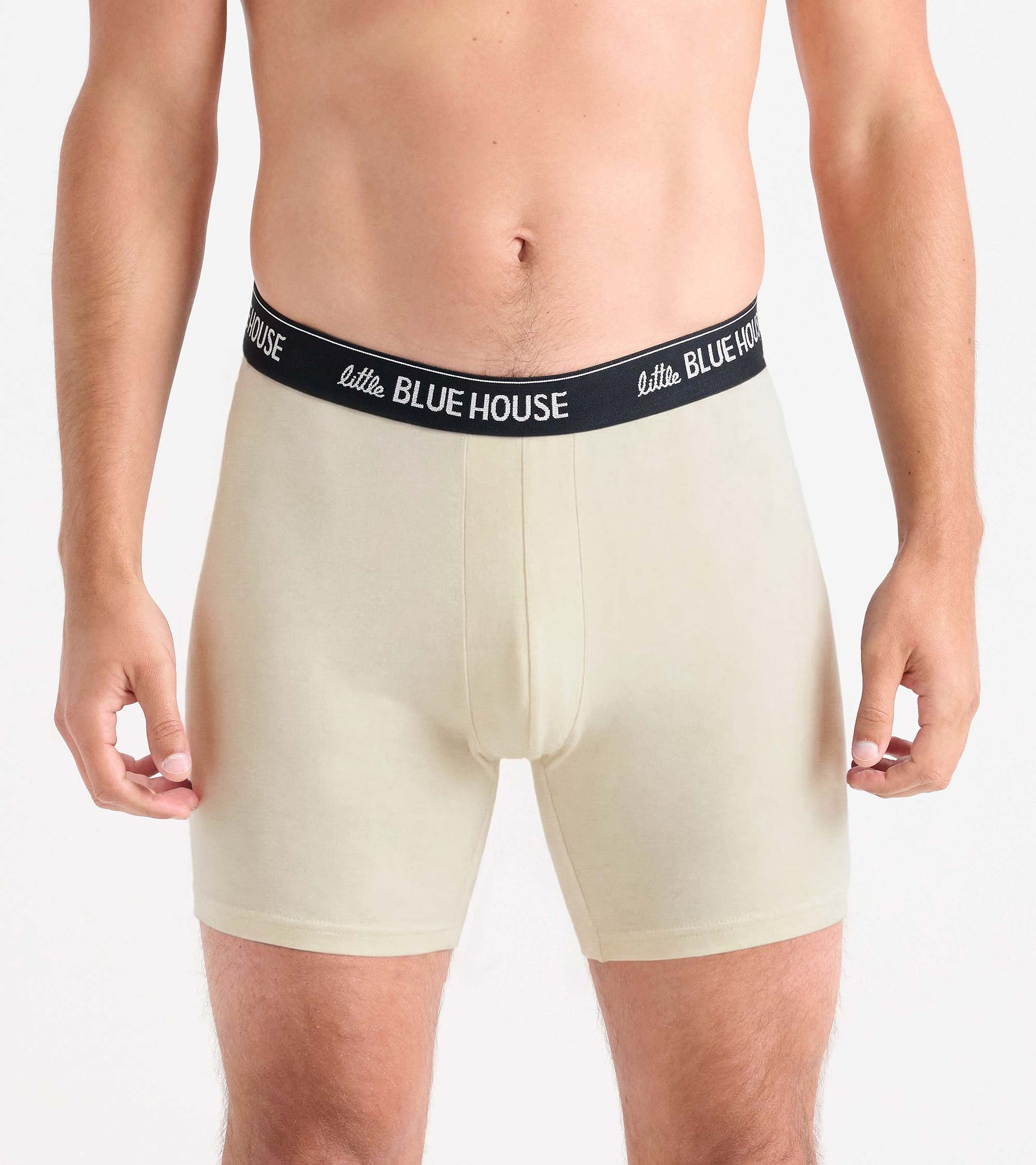 Men’s beige boxer briefs with black logo waistband, front view