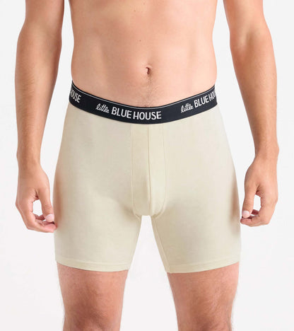 Men’s beige boxer briefs with black logo waistband, front view