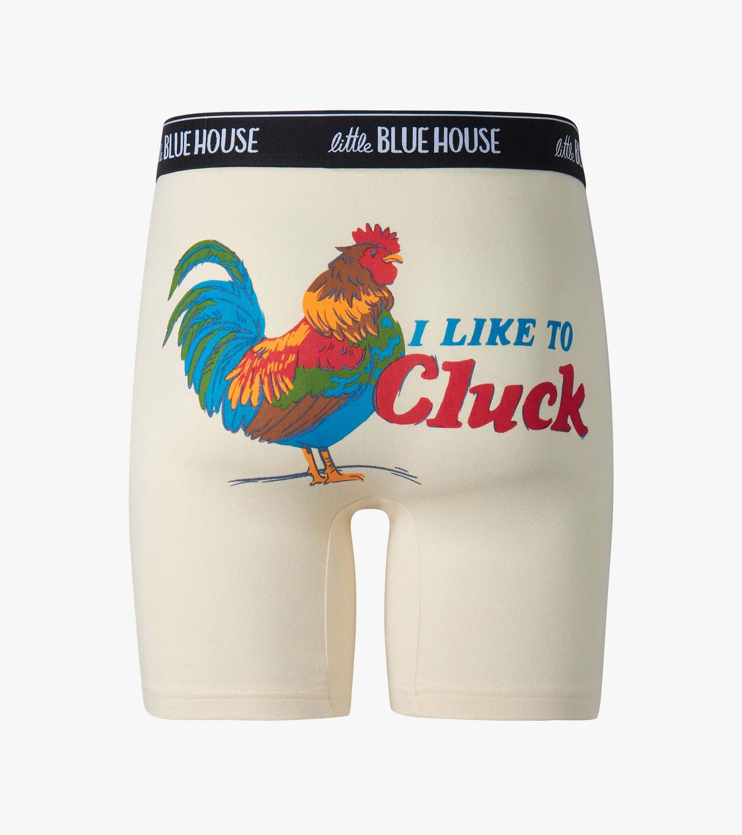 Men's cream boxer briefs with colorful rooster graphic and text, black logo waistband, front view