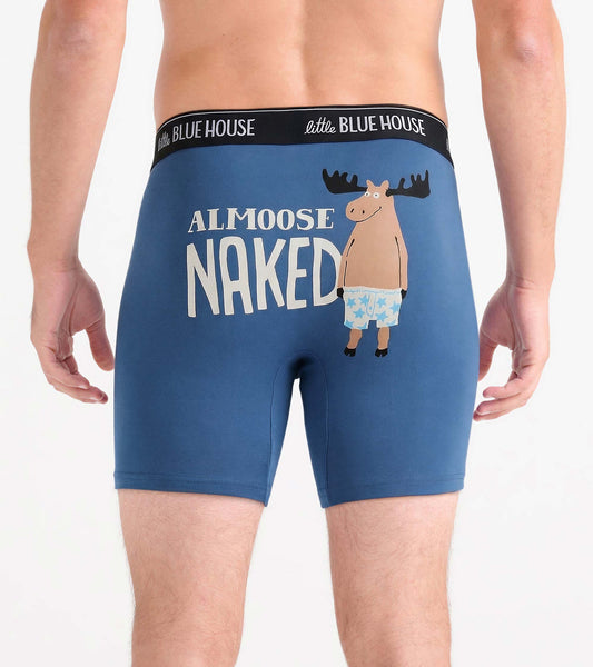 Back view of blue boxer briefs with black waistband and moose graphic, “ALMOOSE NAKED” text.