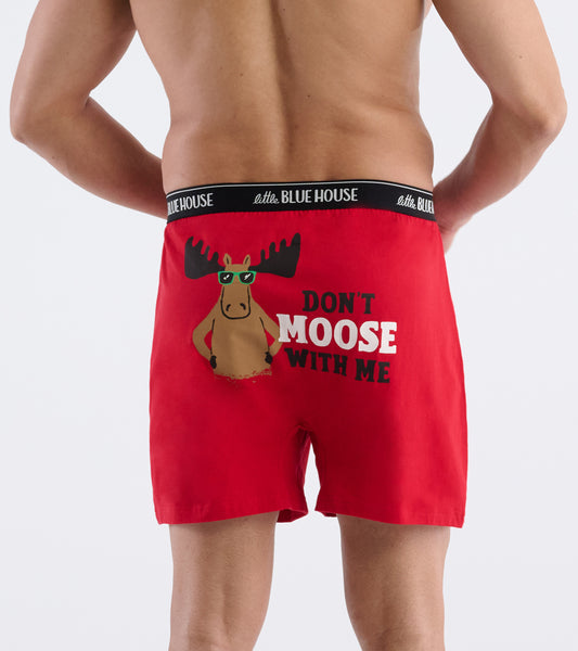 Red boxer shorts with black waistband and moose graphic, back view