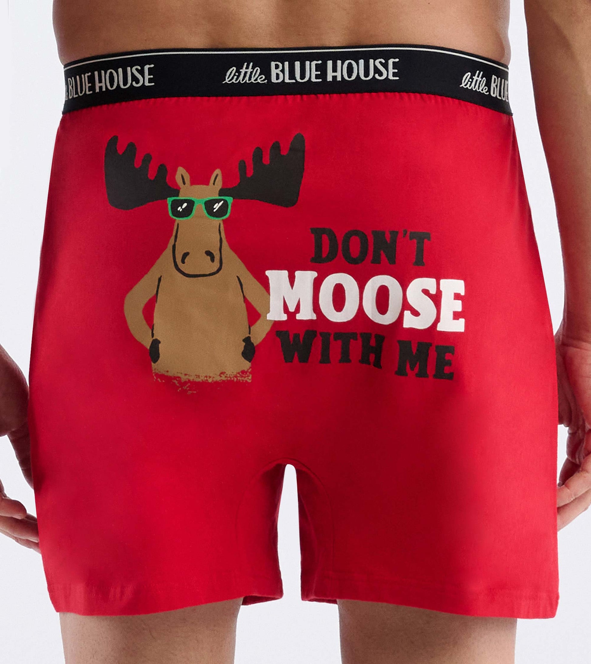 Red boxer shorts with black waistband and moose graphic, front view