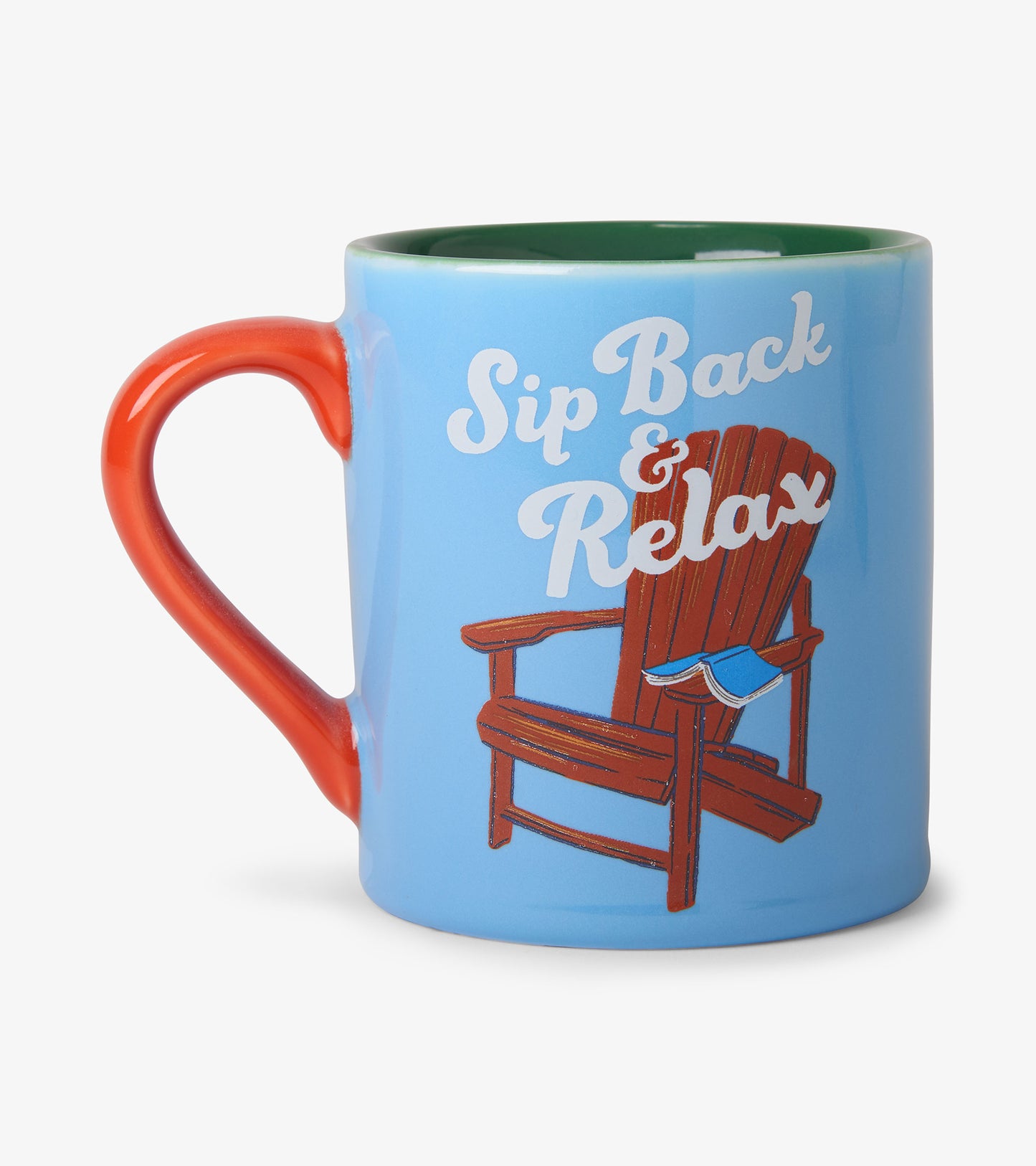 Blue ceramic mug with red handle and green rim, featuring a lounge chair and “Sip Back & Relax” text
