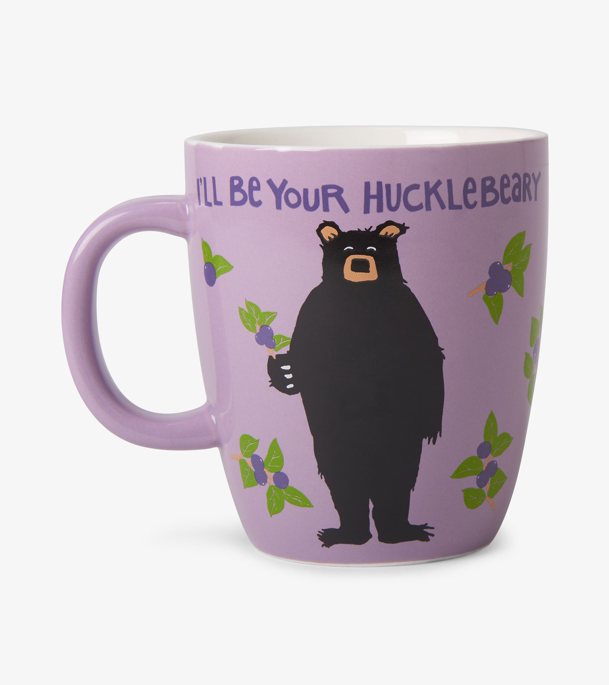 Lavender ceramic mug with handle, bear and blueberry design, and text saying “I’ll Be Your Hucklebeary”