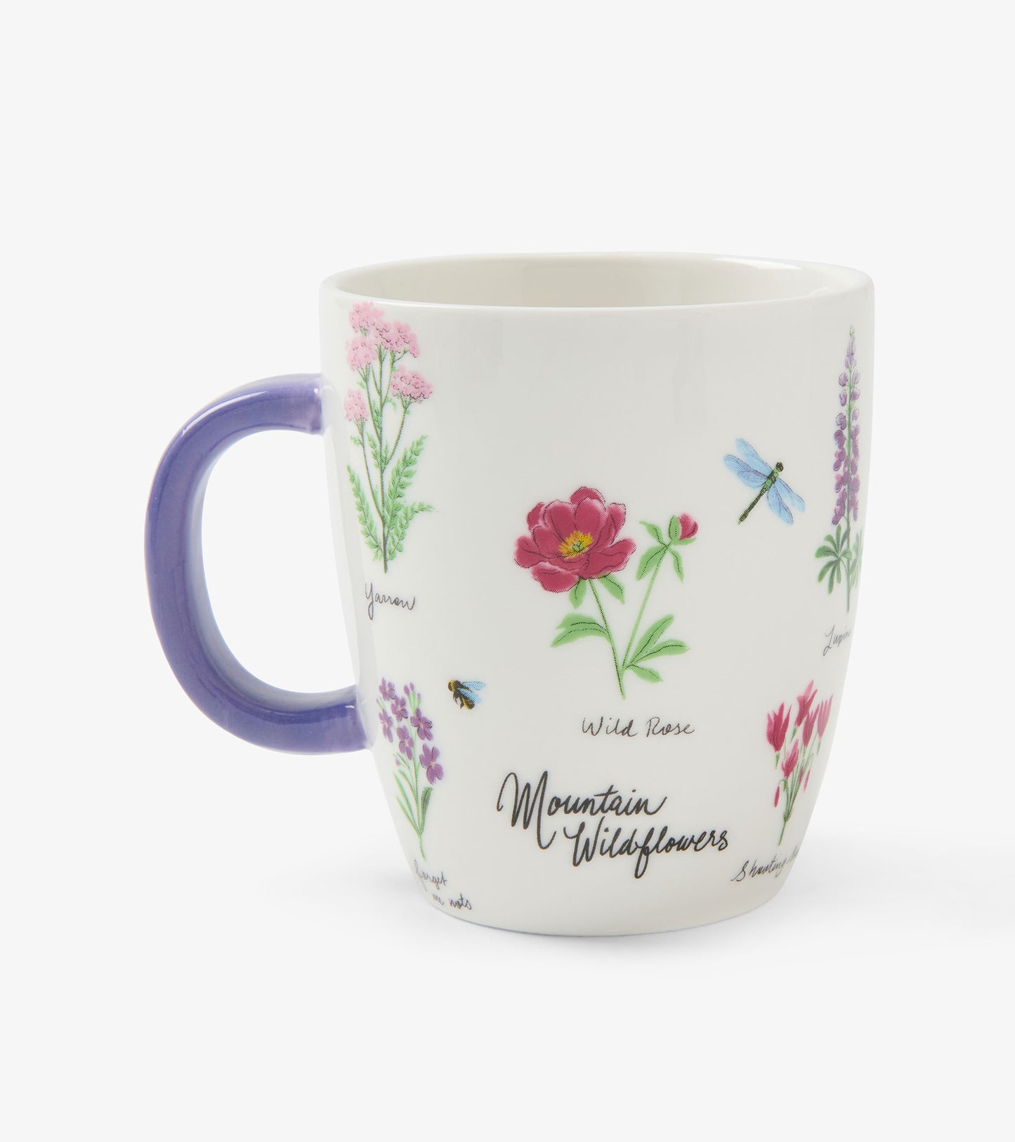 White ceramic mug with purple handle and wildflower print, front view