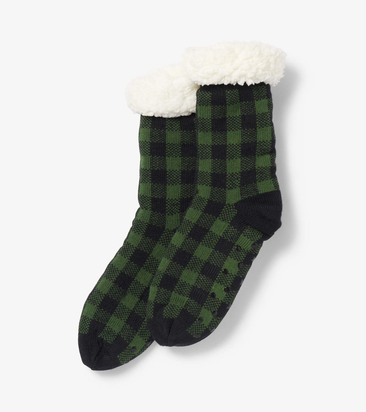 Forest green and black plaid women's cabin socks with a soft white Sherpa lining at the cuff. One size.