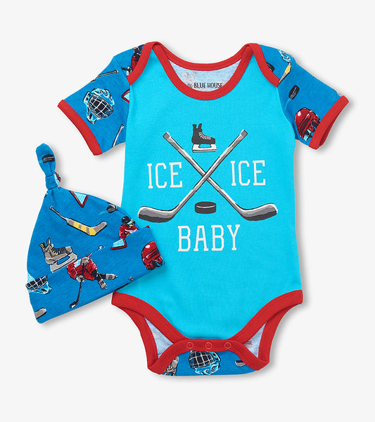 Front of baby blue hockey bodysuit and matching knot hat with red trim and Ice Ice Baby graphic