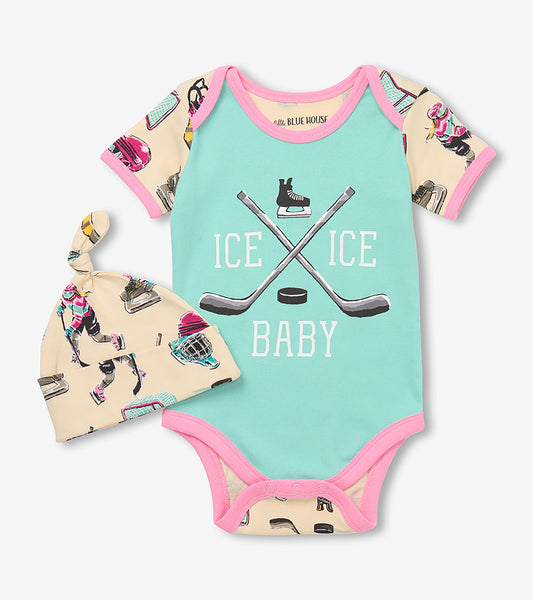Front of baby bodysuit and knotted hat with pink trim, hockey print sleeves, and Ice Ice Baby graphic