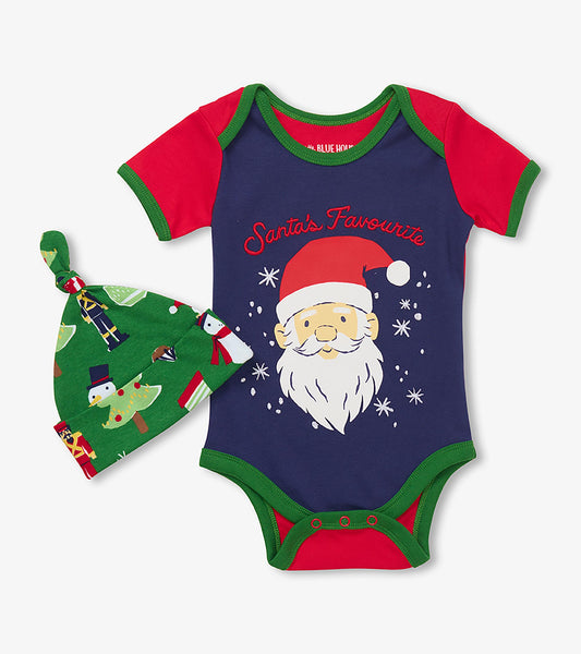 Front of baby bodysuit with Santa's Favourite graphic and green holiday print knot hat