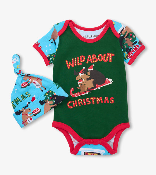 Front of baby Christmas bodysuit and knotted hat, green center with red trim and wildlife print sleeves