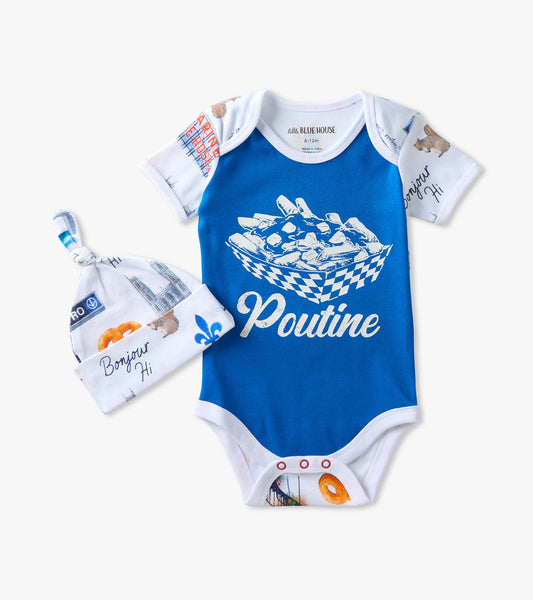 Blue baby bodysuit with white poutine graphic and matching printed knot hat