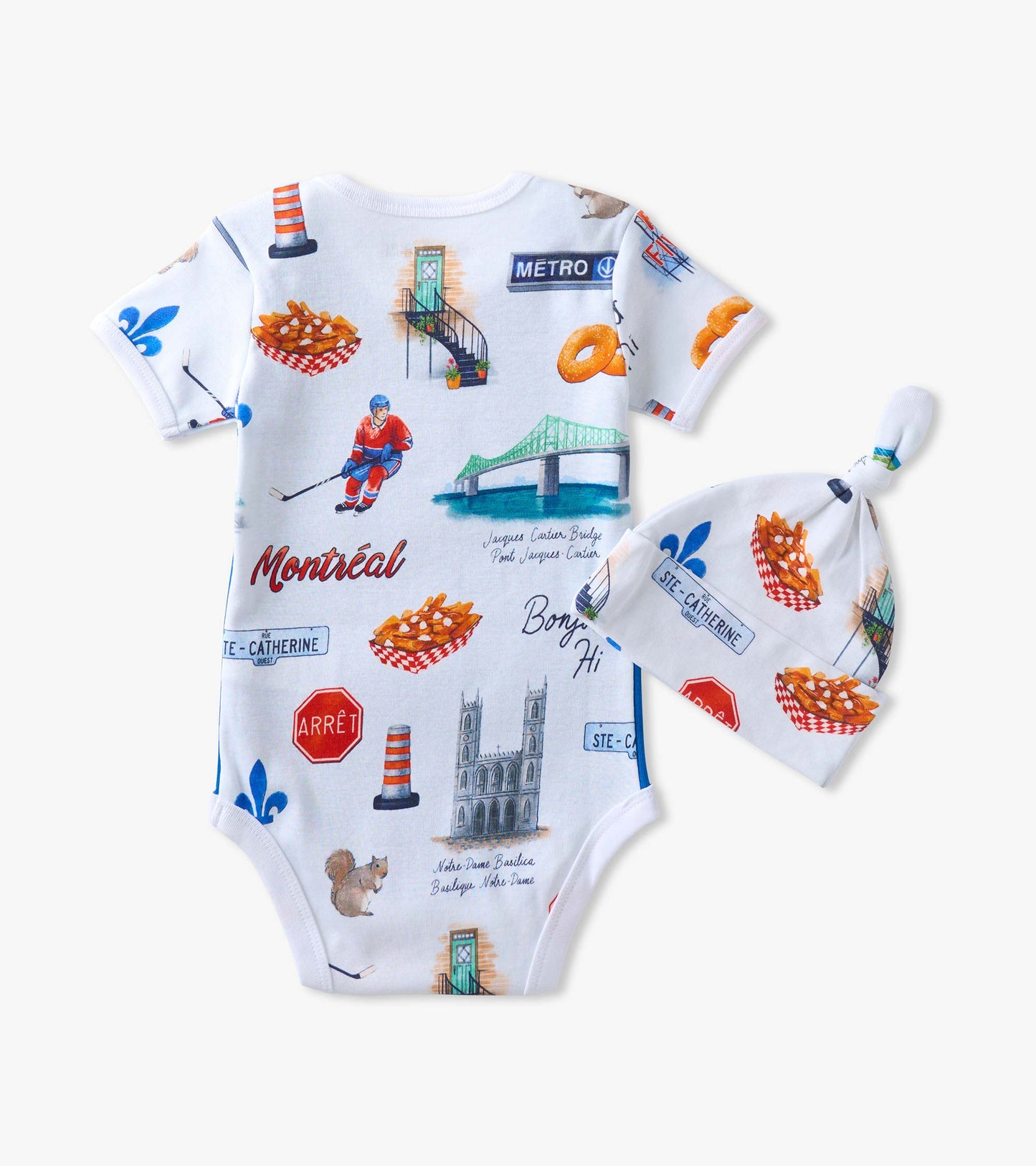Back of baby bodysuit and knot hat with Montreal print, poutine, bridge, hockey player and street signs